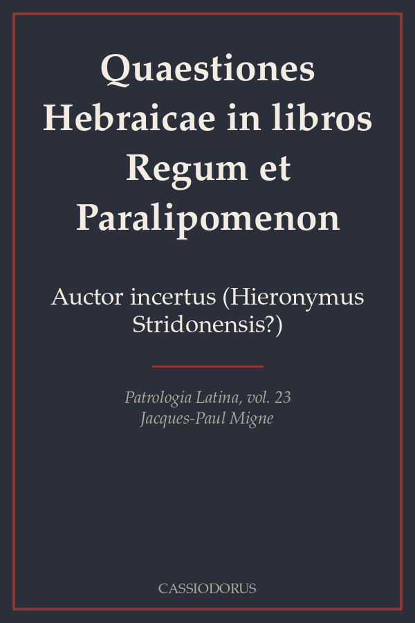 Quaestiones Hebraicae in libros Regum et Paralipomenon cover